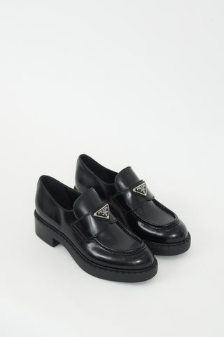 Prada Black Brushed Leather Logo Platform Loafer