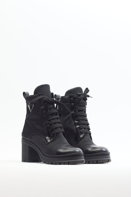 Prada Black Brushed Leather Re-Nylon Laced Ankle Boot