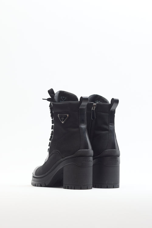 Prada Black Brushed Leather Re-Nylon Laced Ankle Boot