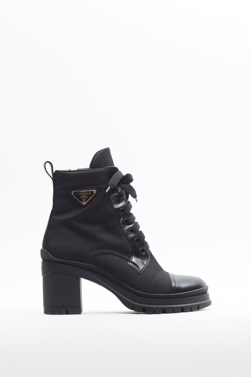 Prada Black Brushed Leather Re-Nylon Laced Ankle Boot