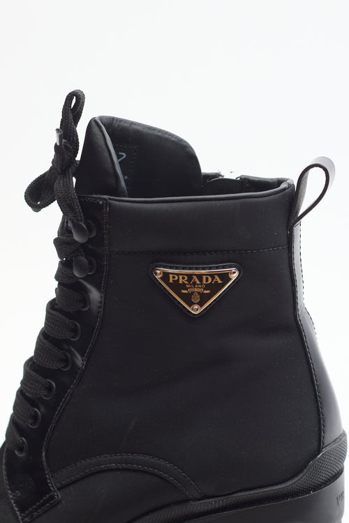 Prada Black Brushed Leather Re-Nylon Laced Ankle Boot