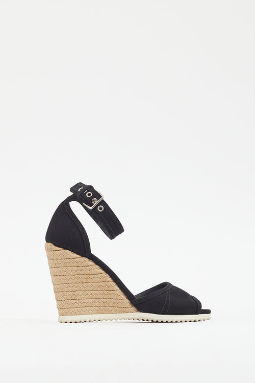 Prada Black Canvas Wedge Heel Sandal