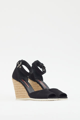 Prada Black Canvas Wedge Heel Sandal