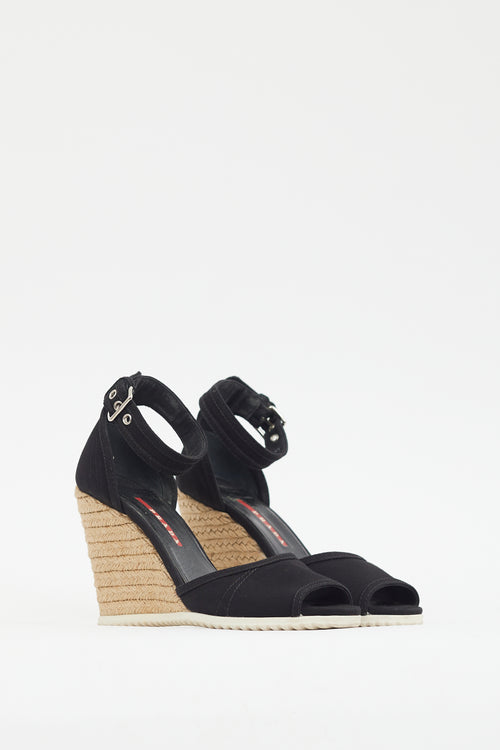 Prada Black Canvas Wedge Heel Sandal