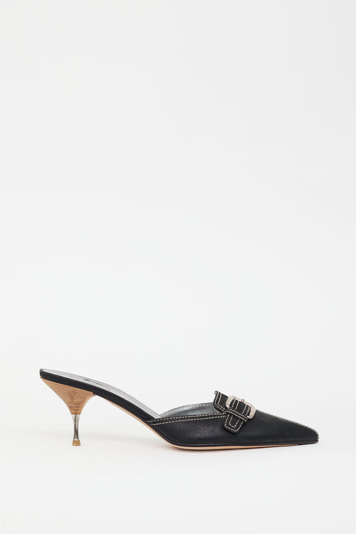 Prada Black Leather Buckle Mule