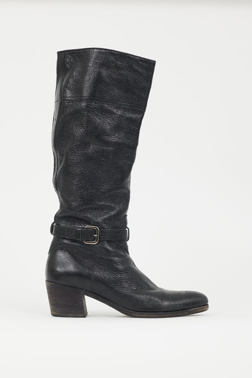 Prada Black Crackled Leather Riding Boot