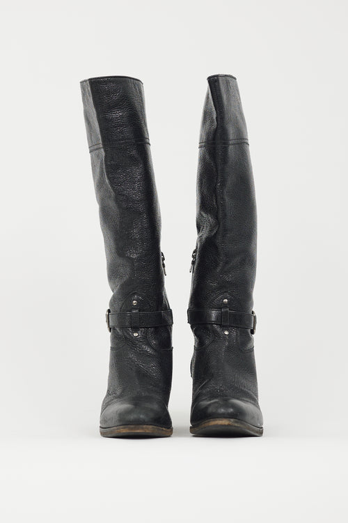 Prada Black Crackled Leather Riding Boot