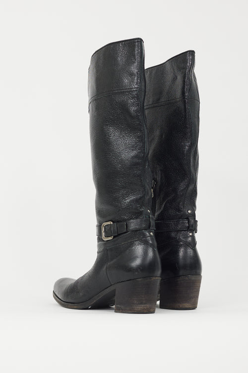 Prada Black Crackled Leather Riding Boot