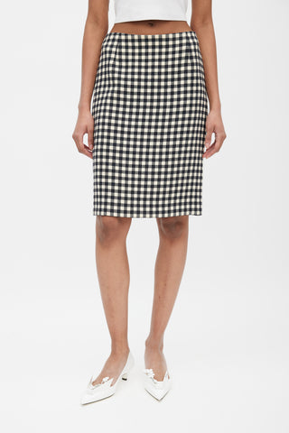 Prada Black 
Cream Wool Gingham Skirt