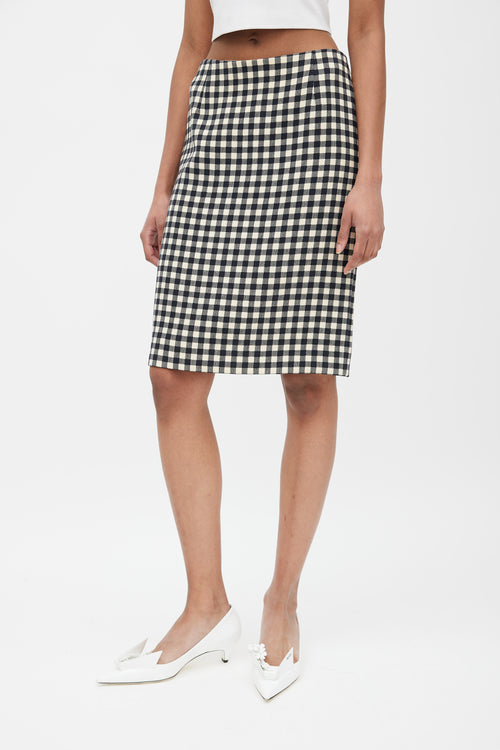 Prada Black 
Cream Wool Gingham Skirt