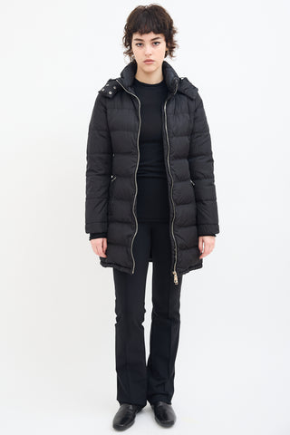 Prada Black Down 
Nylon Belted Puffer Coat