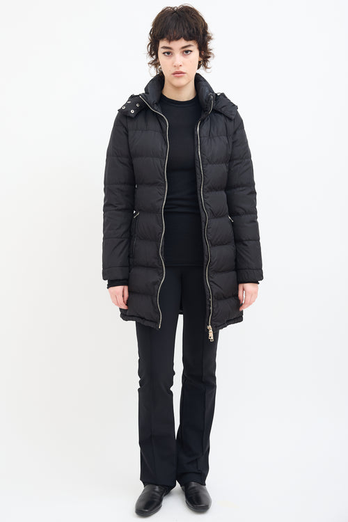 Prada Black Down 
Nylon Belted Puffer Coat