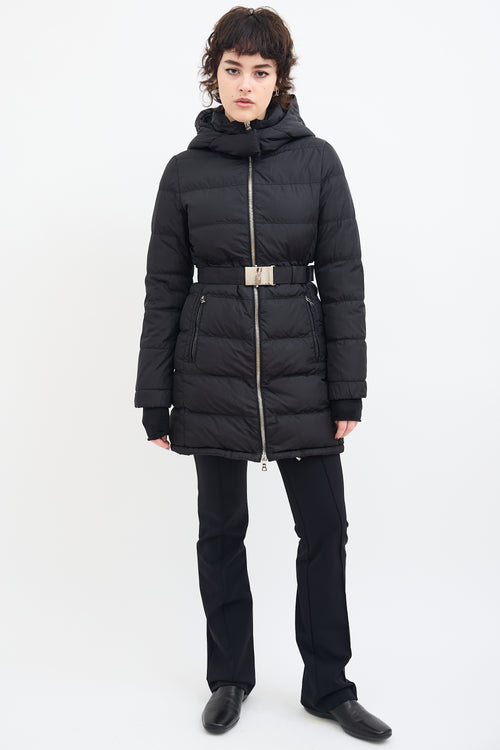 Prada Black Down 
Nylon Belted Puffer Coat