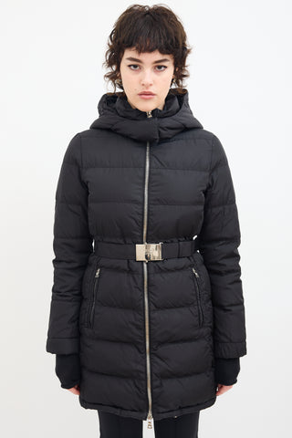 Prada Black Down 
Nylon Belted Puffer Coat