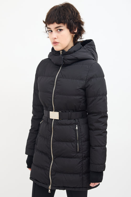 Prada Black Down 
Nylon Belted Puffer Coat