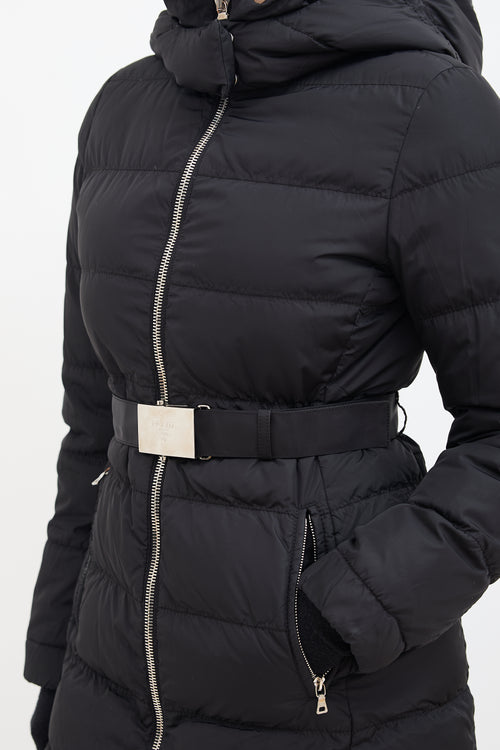 Prada Black Down 
Nylon Belted Puffer Coat