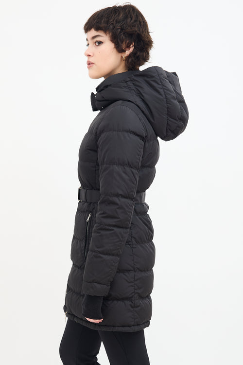 Prada Black Down 
Nylon Belted Puffer Coat