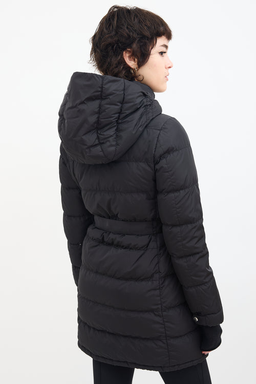 Prada Black Down 
Nylon Belted Puffer Coat