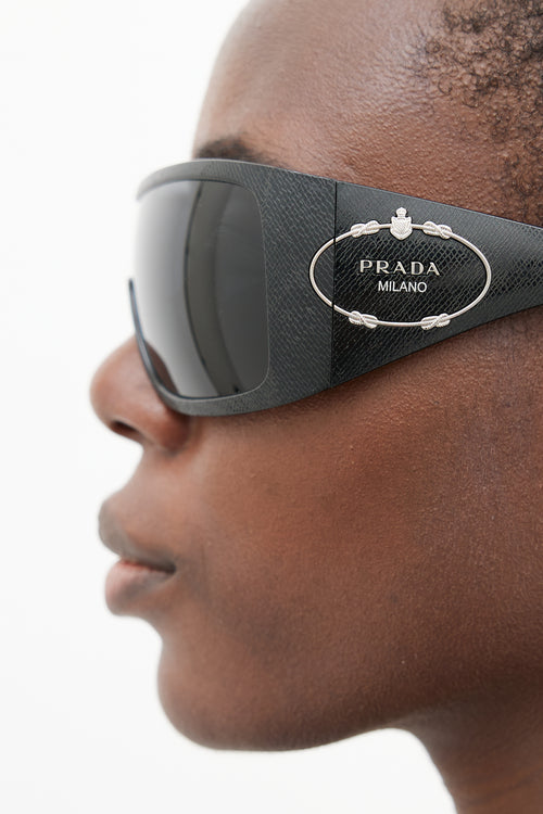 Prada Black Embossed Oversize Shield Sunglasses