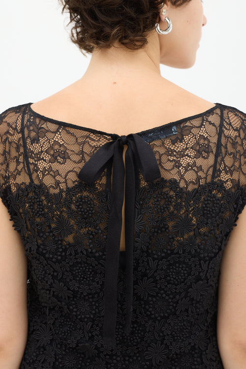 Prada Black Floral Lace Appliqué Midi Dress