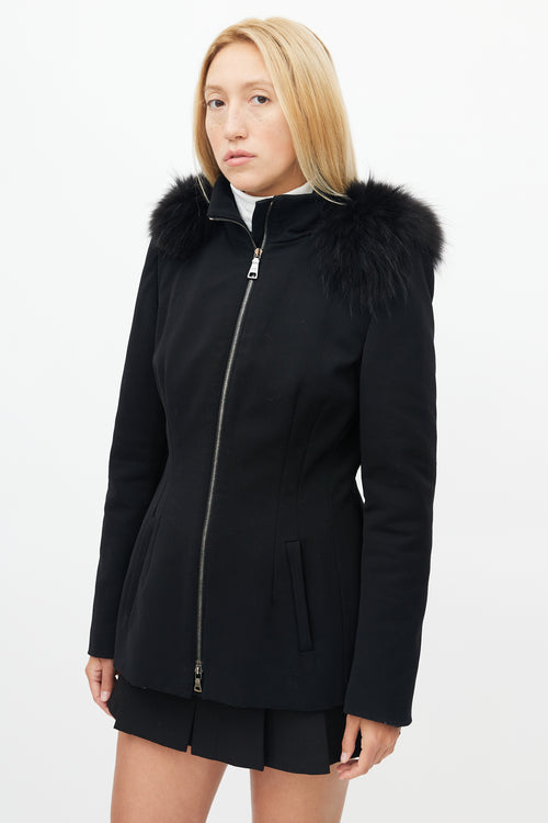 Prada Black Fur Shoulder Zip Up Coat