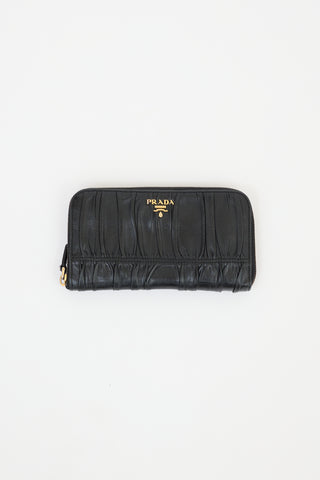 Prada Black Leather Gaufre Zip Around Wallet