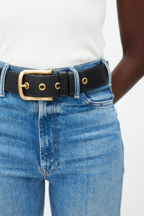 Prada Black 
Gold Buckle Textured Leather Belt