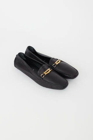 Prada Black Pebbled Leather Gold Plaque Loafer