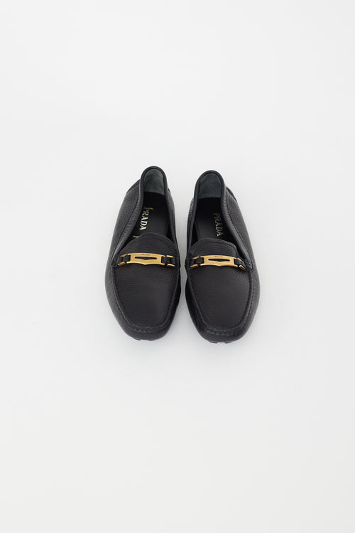 Prada Black Pebbled Leather Gold Plaque Loafer