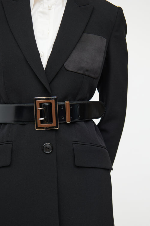 Prada Black 
Brown Patent Leather Belt