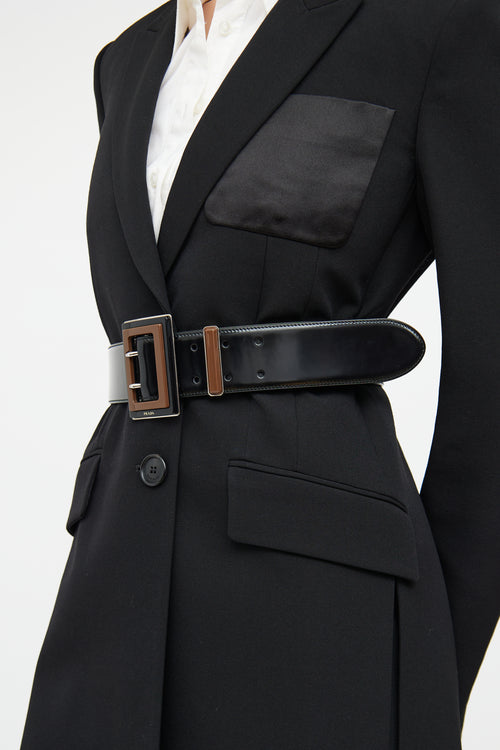 Prada Black 
Brown Patent Leather Belt