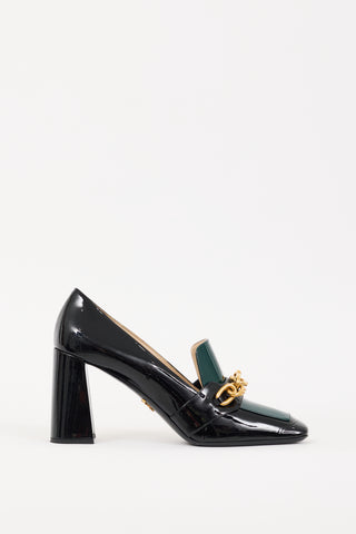 Prada Black 
Green Patent Leather Chain Link Heeled Loafer