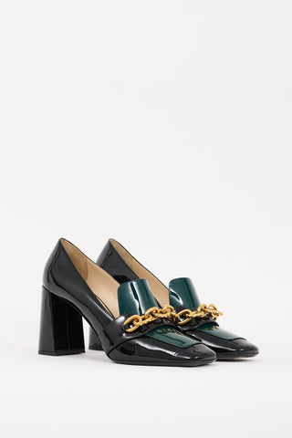 Prada Black 
Green Patent Leather Chain Link Heeled Loafer