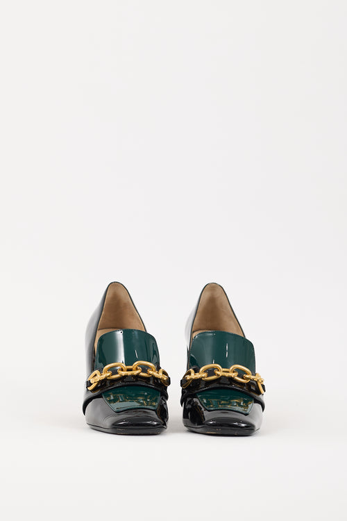 Prada Black 
Green Patent Leather Chain Link Heeled Loafer