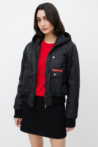 Prada Black Hooded Nylon Bomber Jacket