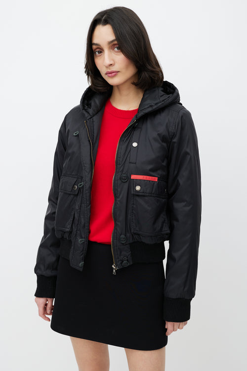 Prada Black Hooded Nylon Bomber Jacket