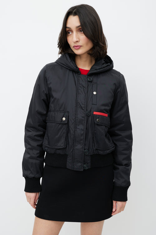 Prada Black Hooded Nylon Bomber Jacket