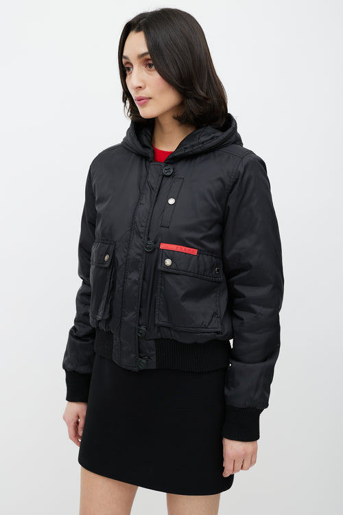 Prada Black Hooded Nylon Bomber Jacket