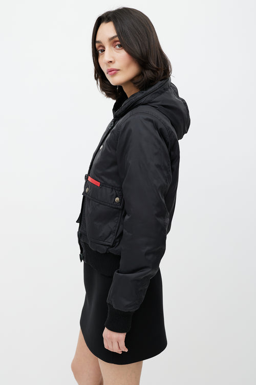 Prada Black Hooded Nylon Bomber Jacket