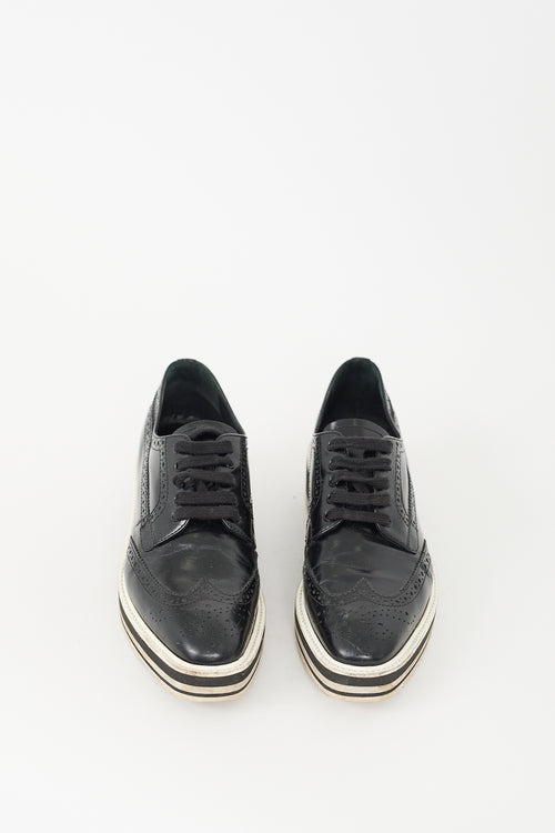 Prada Black 
White Leather Brogue Platform Oxford