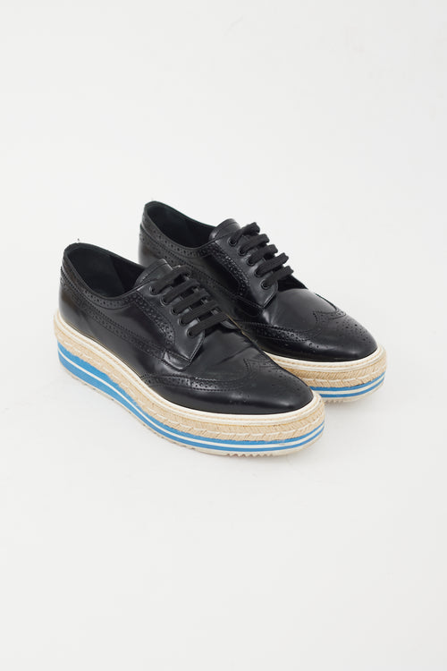 Prada Black 
Blue Leather Platform Brogue