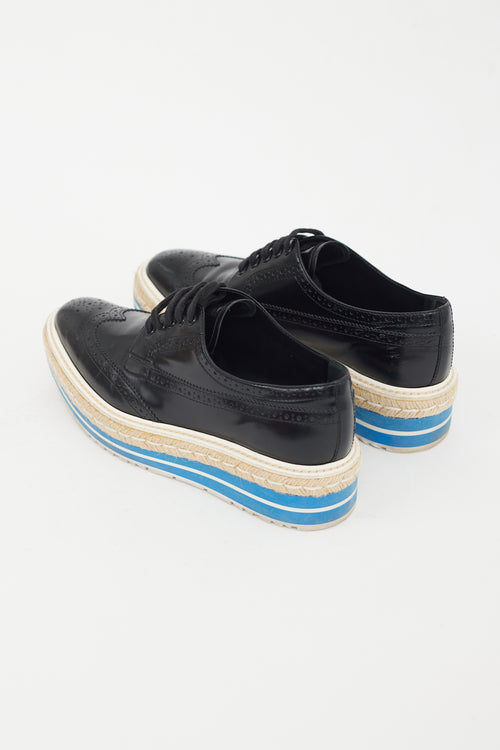 Prada Black 
Blue Leather Platform Brogue