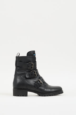 Prada Black Leather Buckled Combat Boot