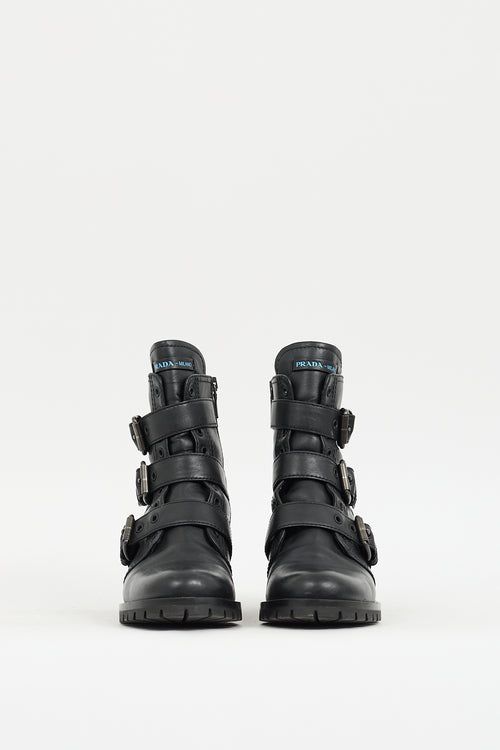 Prada Black Leather Buckled Combat Boot