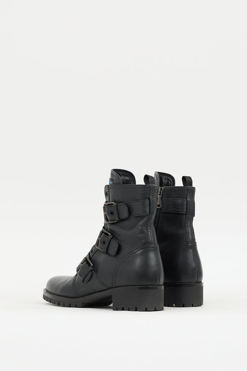 Prada Black Leather Buckled Combat Boot