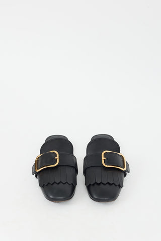 Prada Black Leather Fringe 
Buckle Mule