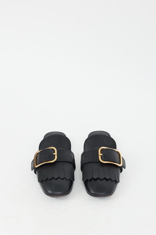 Prada Black Leather Fringe 
Buckle Mule