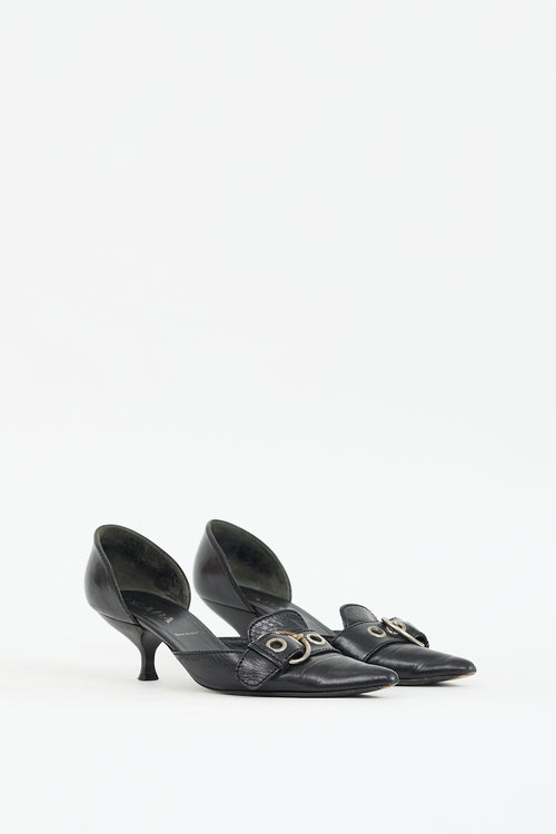 Prada Black Leather Buckled Pointed Toe Pump