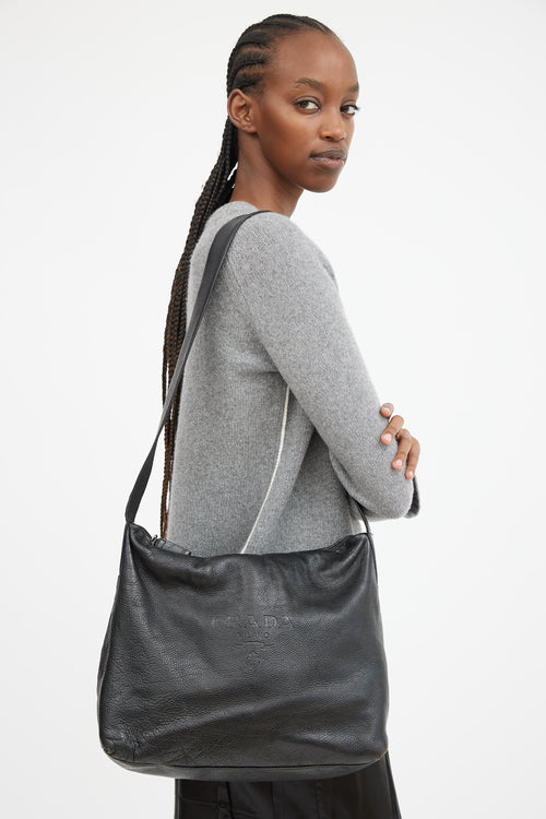 Black Leather Debossed Logo Crossbody Bag