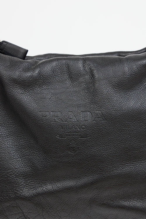 Black Leather Debossed Logo Crossbody Bag